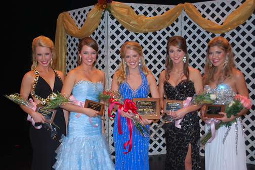 Left to right: Beauty Rebecca Bailey, senior  from Pearl; Beauty Brittany Bradford, sophomore from Cleveland;  Most Beautiful and Most Photogenic Megan Frazier, senior from Grenada; Beauty Kara Tally, freshman from Raleigh; and Beauty Meri Ansley Miller, junior from Duncan.